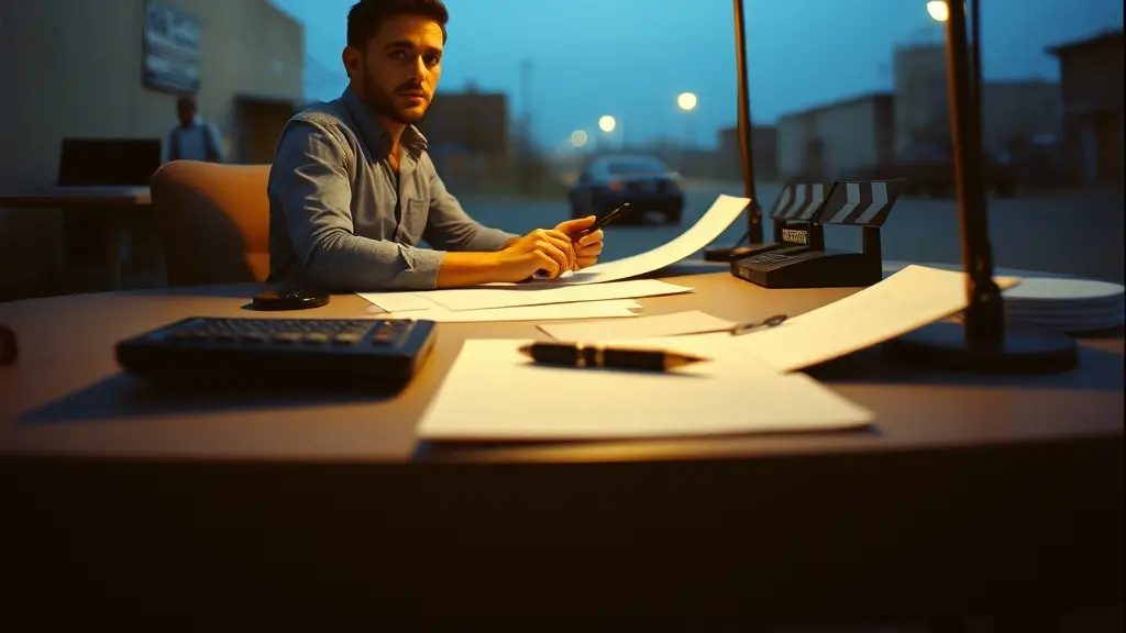 a producer at a desk under a single lamp