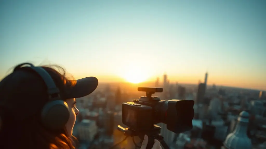 a camera operator on a rooftop at dusk
