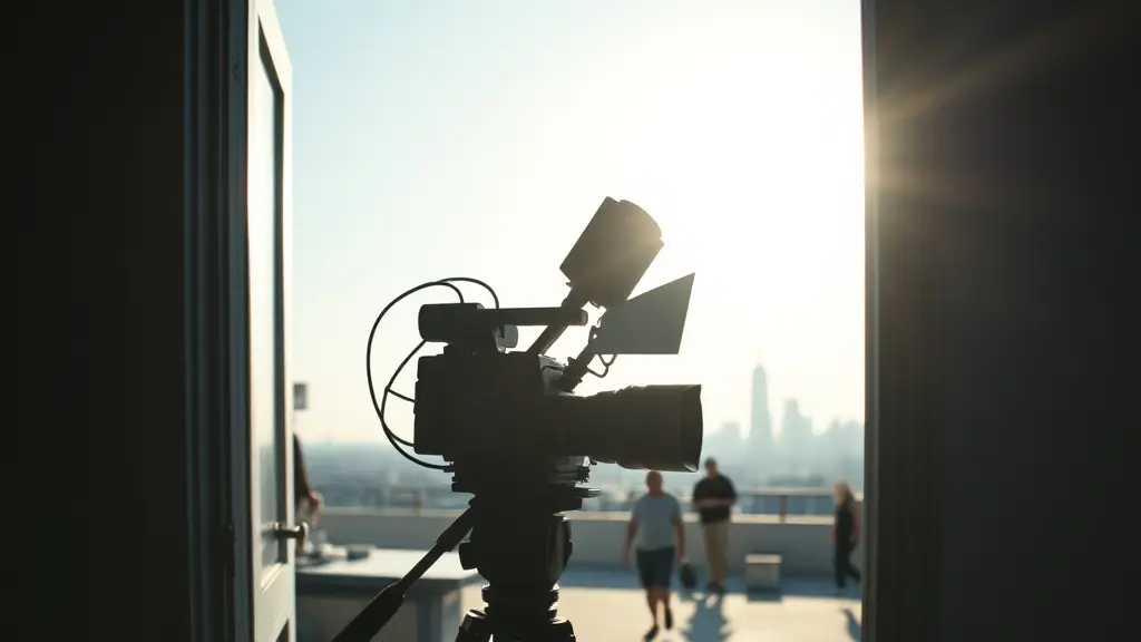 a cinema camera on a tripod in a doorway