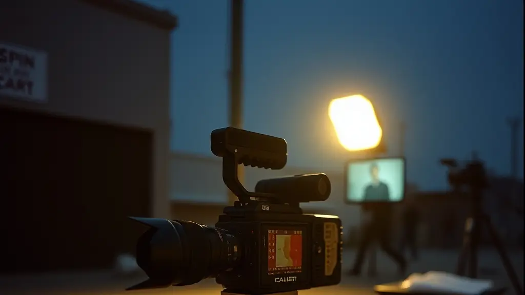 a handheld camera rig resting on an apple box between takes