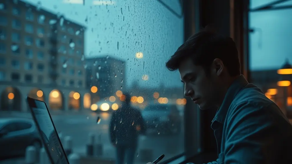 a writer at a café window at night