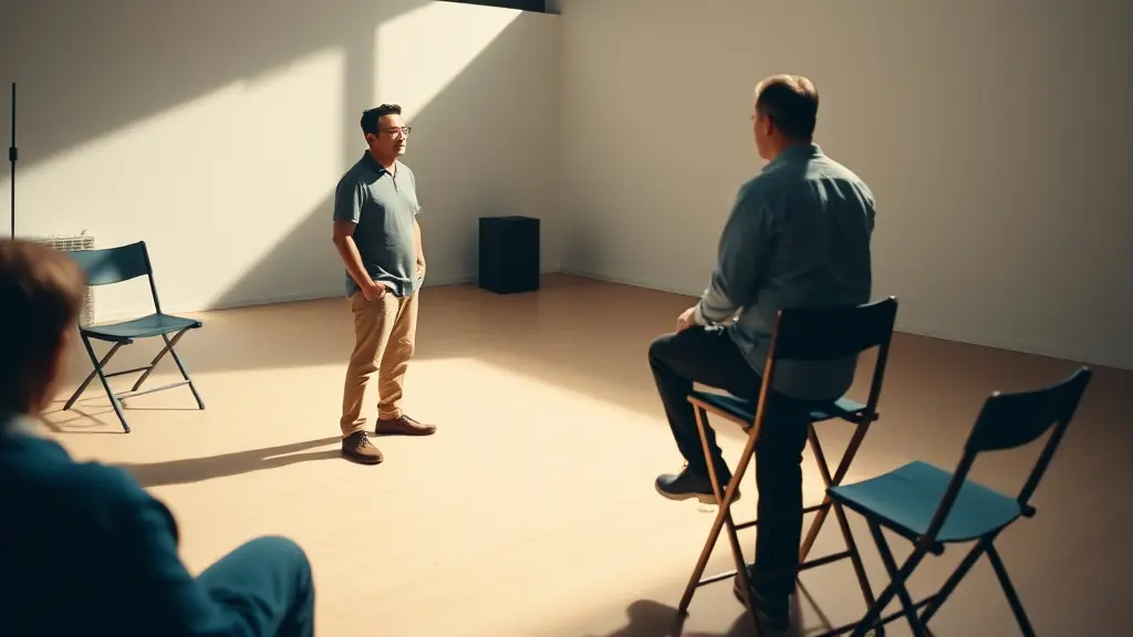 two actors rehearsing in an empty room