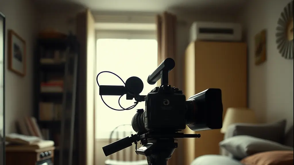 a handheld camera rig resting on an apple box between takes