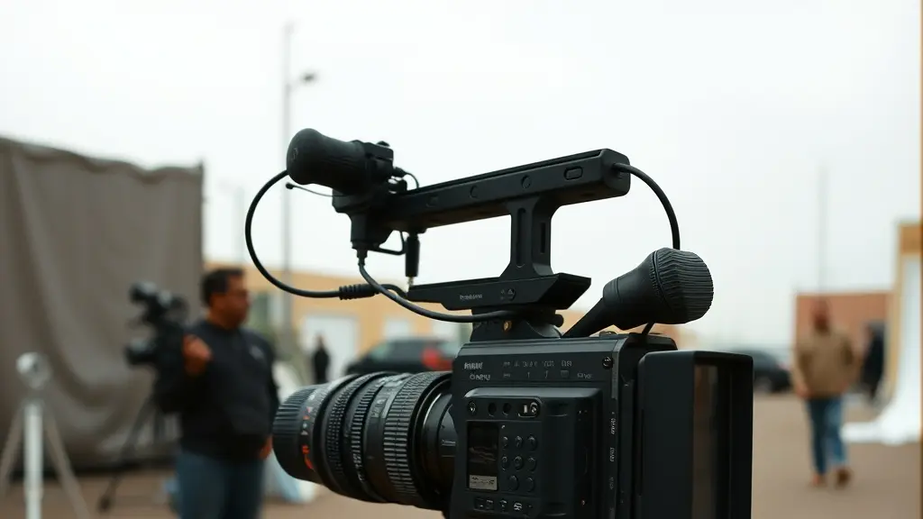 a handheld camera rig resting on an apple box between takes