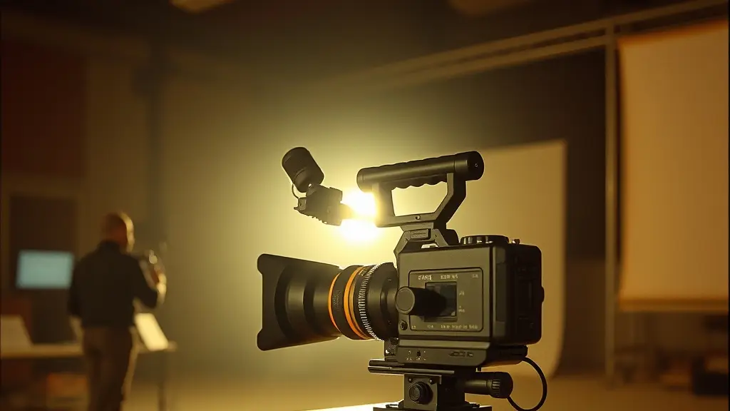 a handheld camera rig resting on an apple box between takes